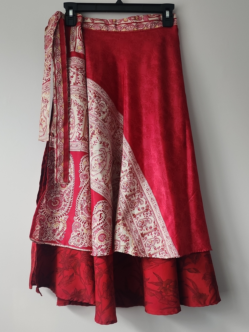 Red Patterned Wrap Maxi Skirt 100% Silk